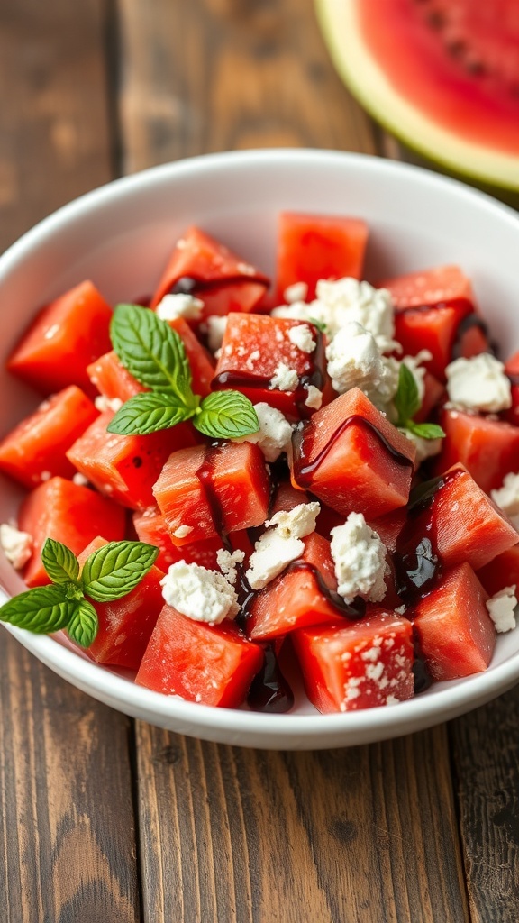 A colorful feta watermelon salad with balsamic glaze and mint, served in a white bowl on a wooden table.